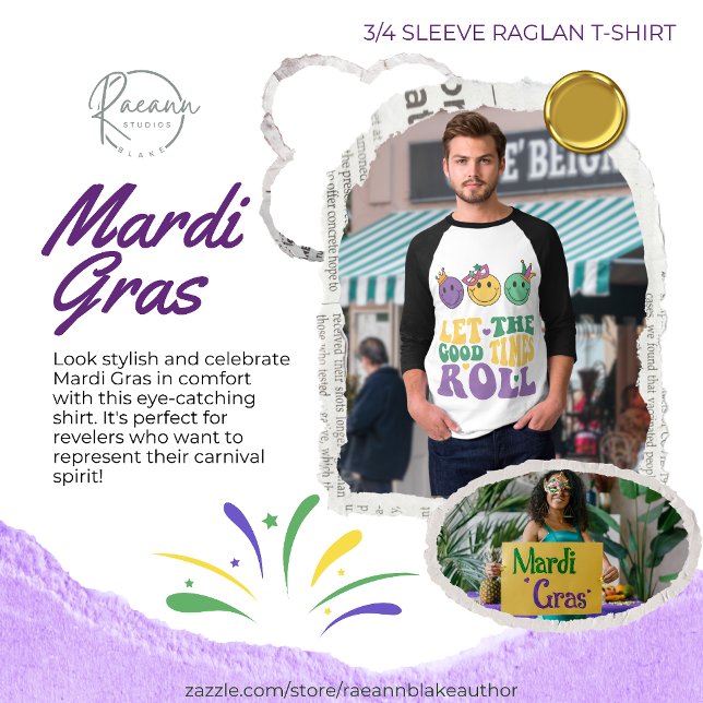 Camiseta Manga 3/4 Raglan Mardi Gras (Criador carregado)