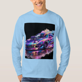 Camiseta manga comprida cor azul claro com desenho de carro