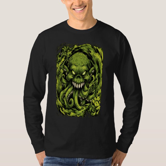 Camiseta Manga Longa Monstro Tentáculo Verde Sinis (Frente)