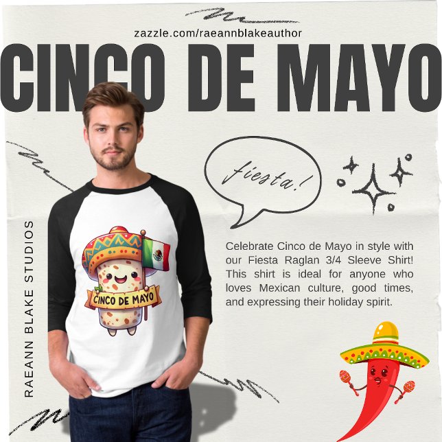 Camiseta Manga Raglan 3/4 Fiesta Cinco de Mayo (Criador carregado)