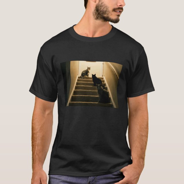 Camiseta Mangas Longas Cena Engraçada de Gato na Escada (Frente)