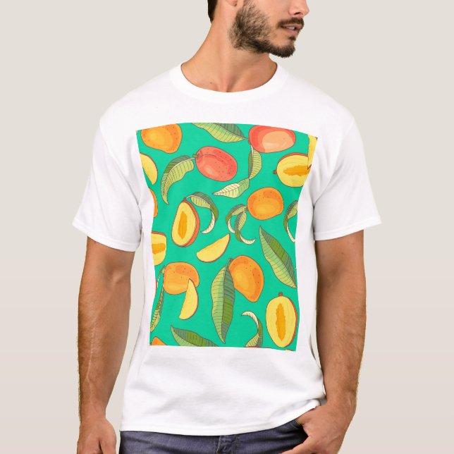 Camiseta Mango Medley: Padrão de Fruta Tropical (Frente)