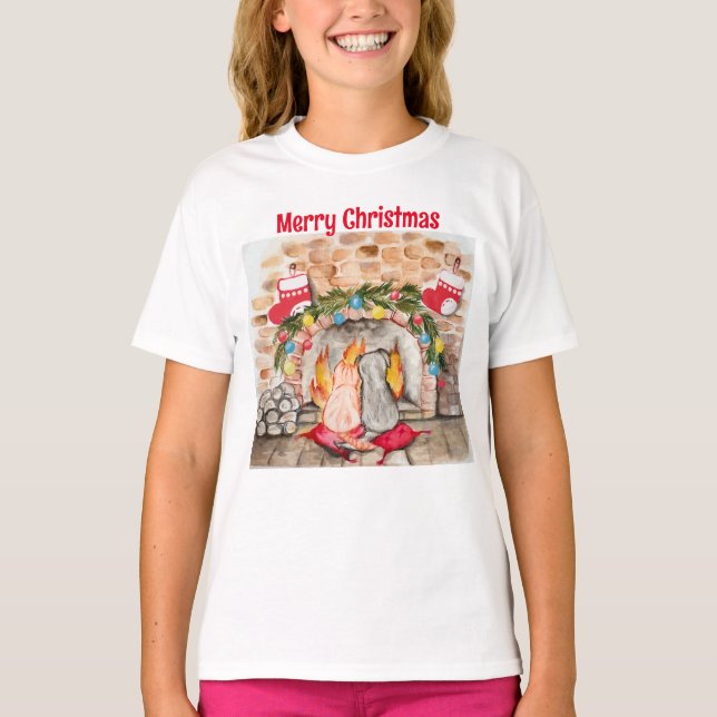 Camiseta Manta de Natal aconchegante com cachorro e gato (Frente)
