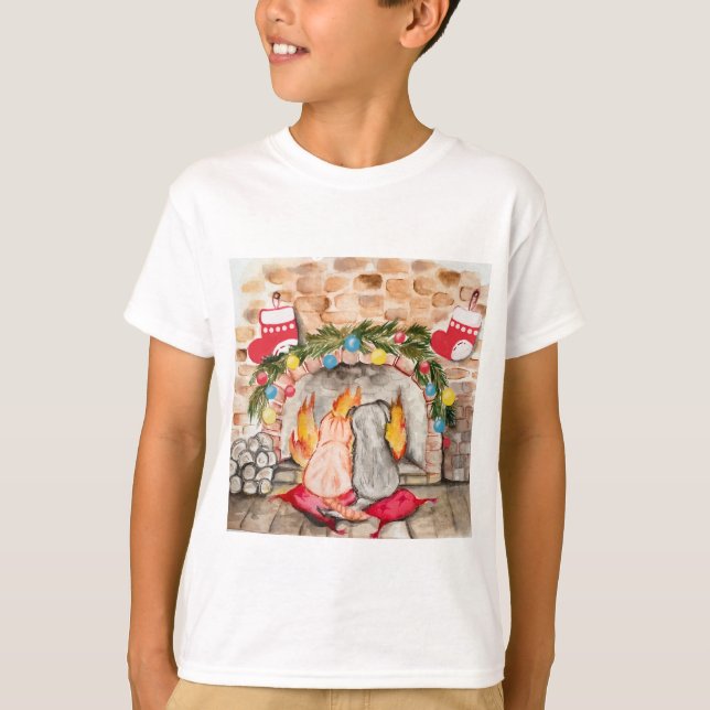 Camiseta Manta de Natal com cão e gato (Frente)