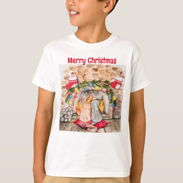 Camiseta Manta de Natal com cão e gato (Frente)