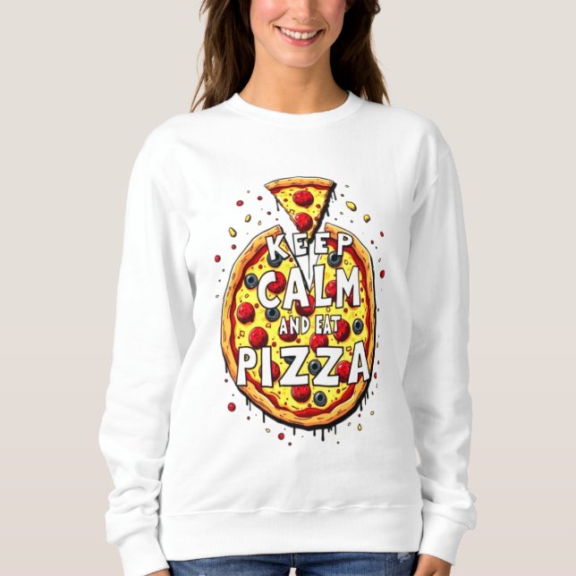 Camiseta Mantenha a Calma e Coma Pizza: Design Perfeito par (Frente)