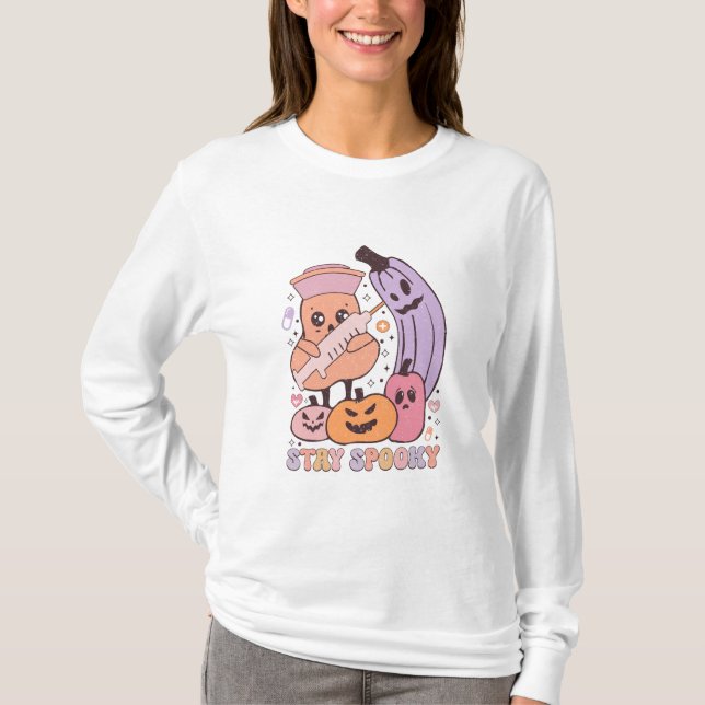 Camiseta Mantenha a Enfermeira Spooky Halloween Longa Capa (Frente)