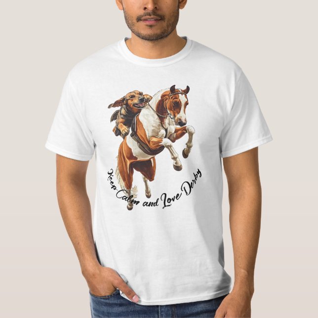 Camiseta Mantenha Calma e Amor Derby. Cavalos estilizados e (Frente)