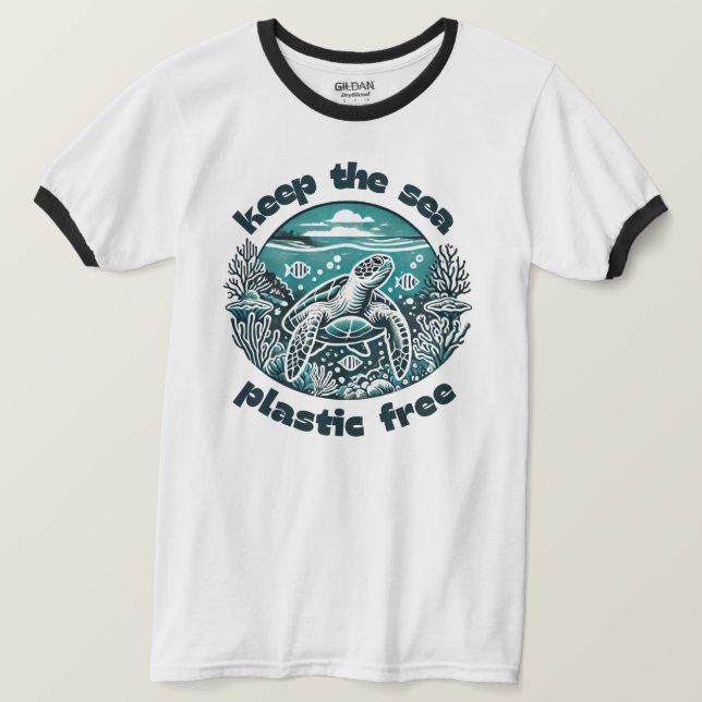 Camiseta Mantenha o mar Plástico Onda de Vida do Oceano Liv (Frente do Design)