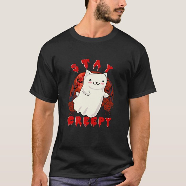 Camiseta Mantenha-se assustador Gato Gato Fantasma do Hallo (Frente)