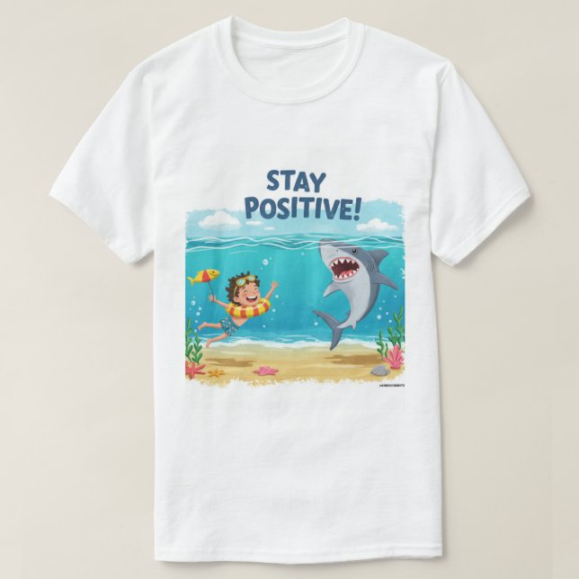 Camiseta Mantenha-se Positivo - Aventura de Tubarões no Mar (Frente do Design)