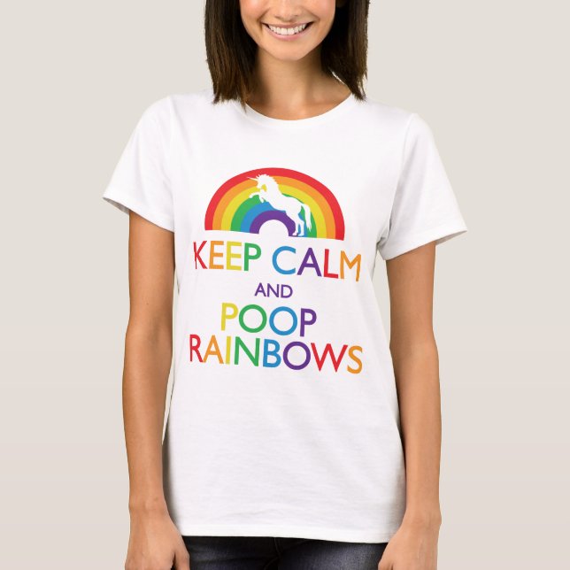 Camiseta Manter Calmo e Poop Rainbows Unicórnio (Frente)