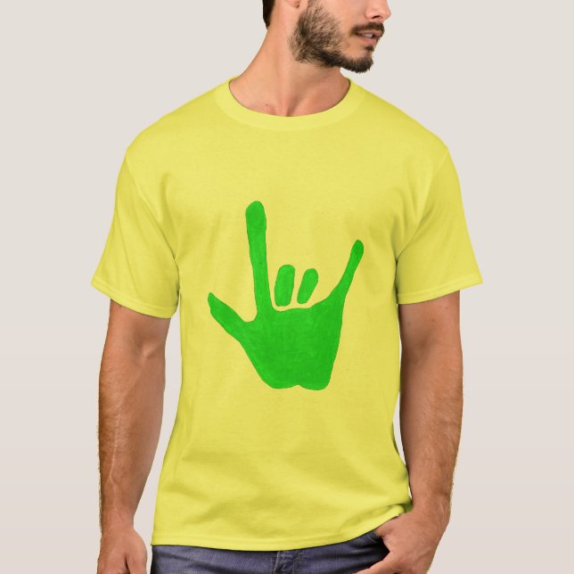 Camiseta Mão de amor, linguagem gestual em verde, no Tee (Frente)