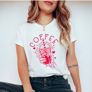 Camiseta Mão de Esqueleto Café Alma Gêmea Corações Vermelho