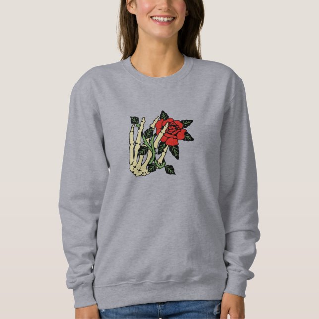 Camiseta Mão de esqueleto com Rosa Sweatshirt - Personalizá (Frente)