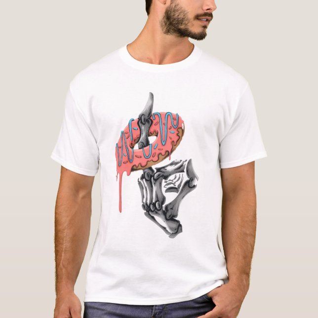 Camiseta Mão de Esqueleto Segurando Donut – Comida Gótica D (Frente)