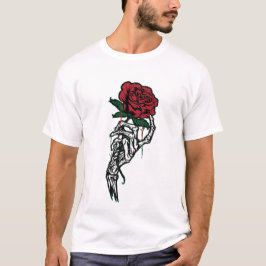 Camiseta Mão de Esqueleto Segurando Rosa Vermelha — Dia dos
