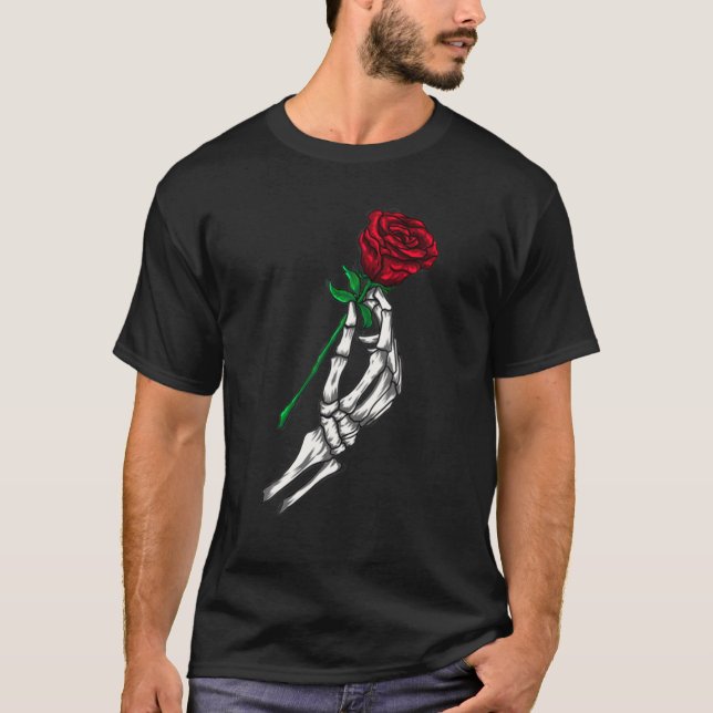 Camiseta Mão De Esqueleto Segurando Uma Tatuagem De Rosa ve (Frente)