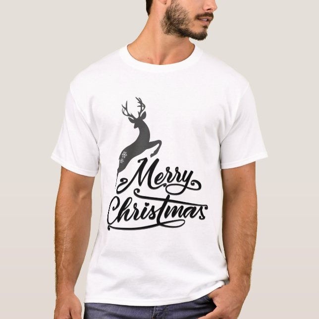 Camiseta Mão De Natal Escrita, Saltando Deer E Floco De Nev (Frente)