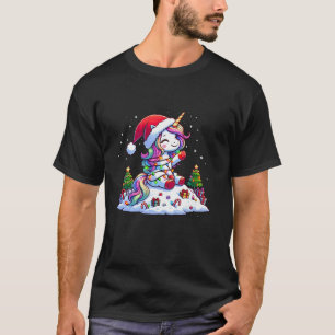 Camiseta Mão de Paz Engraçada Unicórnio Luzes de Natal Mulh