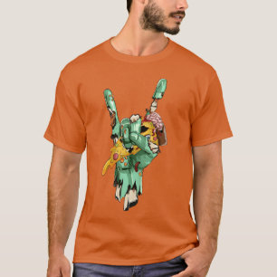 Camiseta Mão de Rock Zumbi Segurando Pizza de Zumbi Hallowe