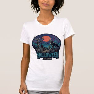 Camiseta Mão de Zumbi da Lua Vermelha do Lobo Uivando do Es