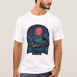 Camiseta Mão de Zumbi da Lua Vermelha do Lobo Uivando no Ha