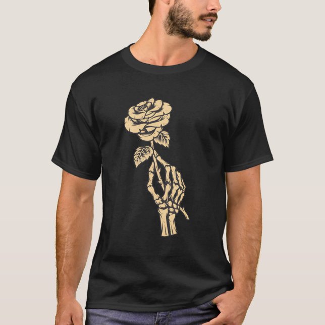 Camiseta Mão do Esqueleto Segurando Rosa (Frente)