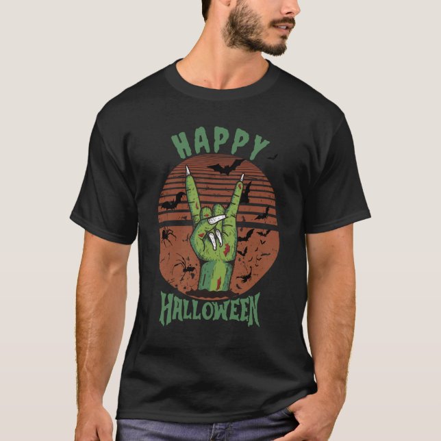 Camiseta Mão mano cornuta de zumbi podre. Feliz Dia das Bru (Frente)