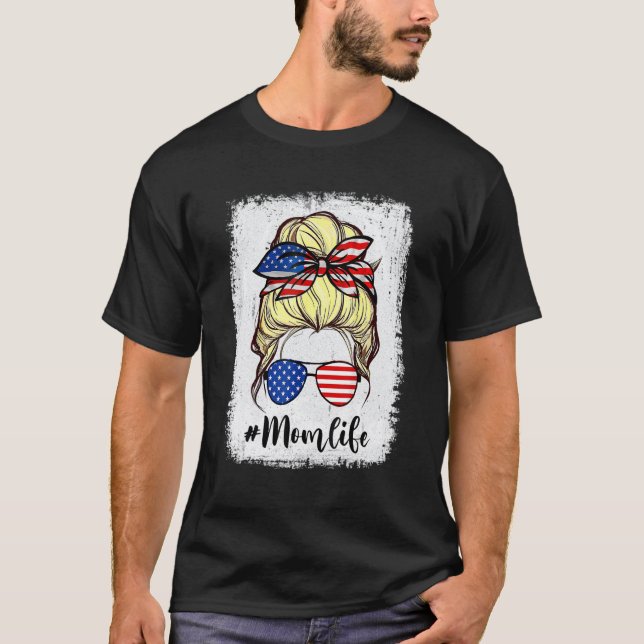 Camiseta Mão Mensageira Bun American Mãe Vida 4 De Julho (Frente)