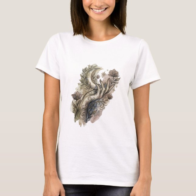 Camiseta Mão Mística e Lua Crescente Boho Aquarela Fl (Frente)