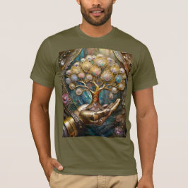 Camiseta Mão Robô ouro Segurando Dourada Árvore De Vida