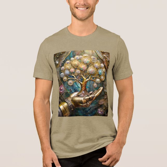 Camiseta Mão Robô ouro Segurando Dourada Árvore De Vida (Frente)