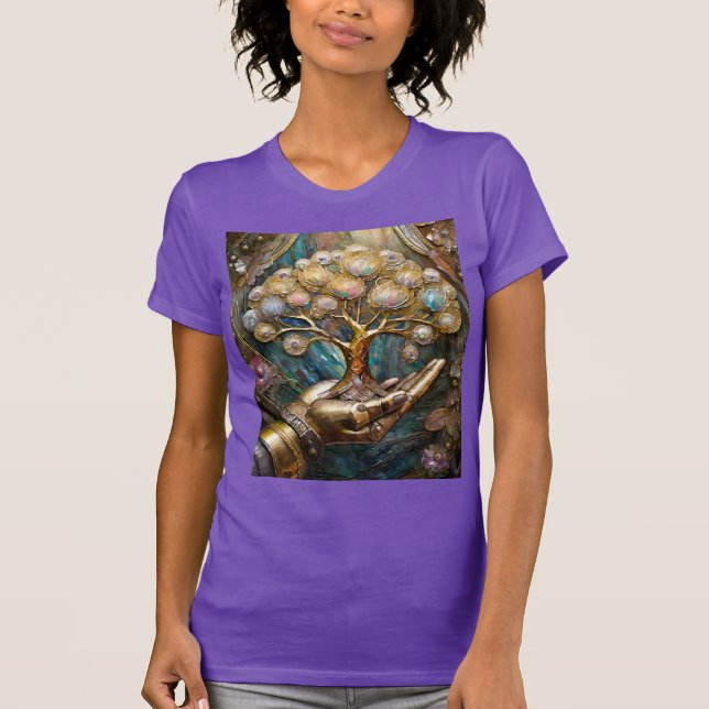 Camiseta Mão Robô ouro Segurando Dourada Árvore De Vida (Frente)
