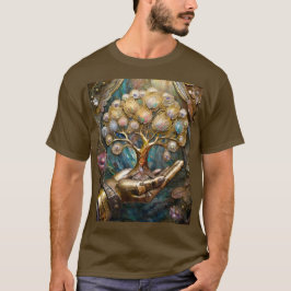 Camiseta Mão Robô ouro Segurando Dourada Árvore De Vida