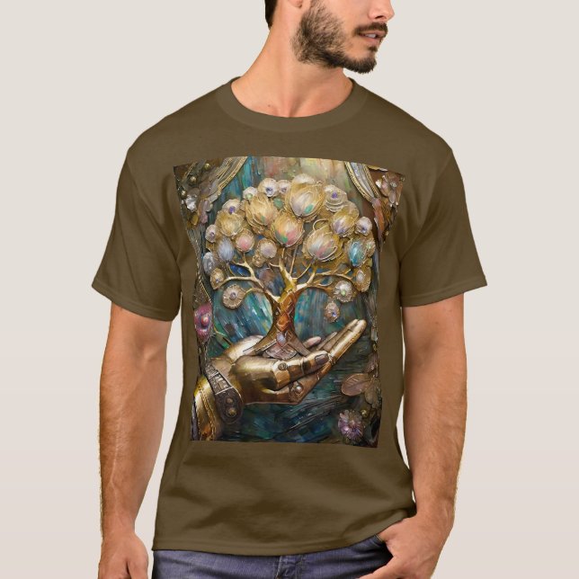 Camiseta Mão Robô ouro Segurando Dourada Árvore De Vida (Frente)