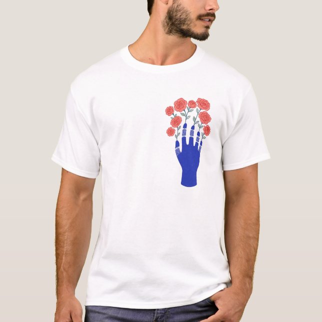 Camiseta Mão Robótica com Trabalho de arte de Rosa de Bloqu (Frente)