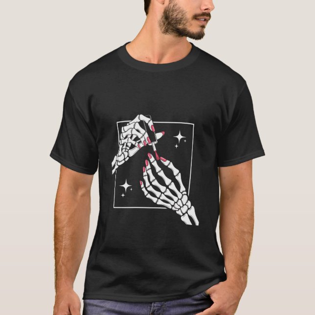 Camiseta Mãos de Esqueleto Manicure Unhas Vermelhas Polir G (Frente)