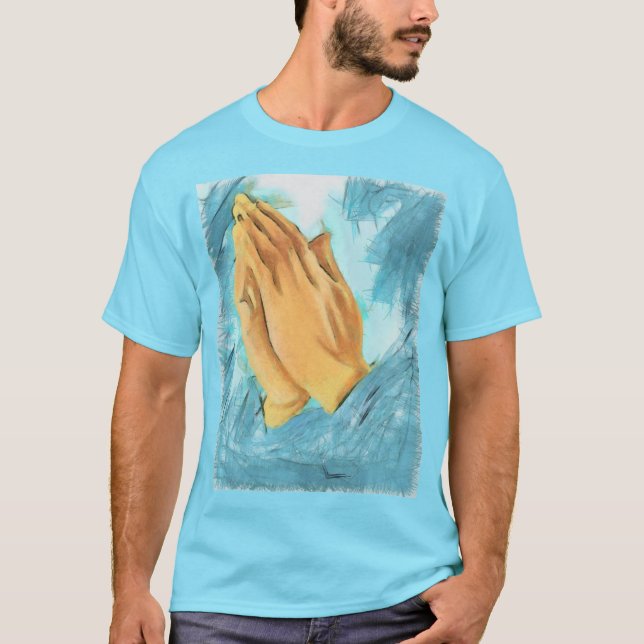 Camiseta Mãos de oração (fundo azul) (Frente)