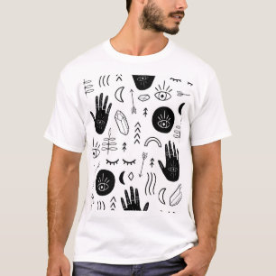 Camiseta Mãos mágicas, lua, padrão étnico.