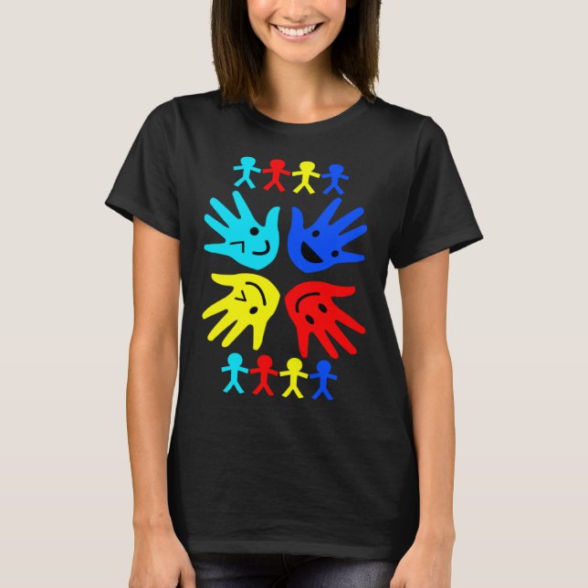 Camiseta Mãos Multicoloridas Conscientização do Autismo Cri (Frente)