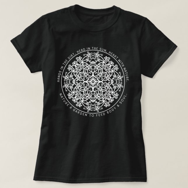 Camiseta Mãos na Terra, Cabeça ao Sol Jardim (Frente do Design)