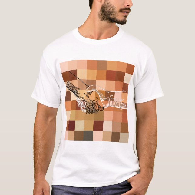 Camiseta Mãos pretas e brancas tremem em blocos coloridos (Frente)