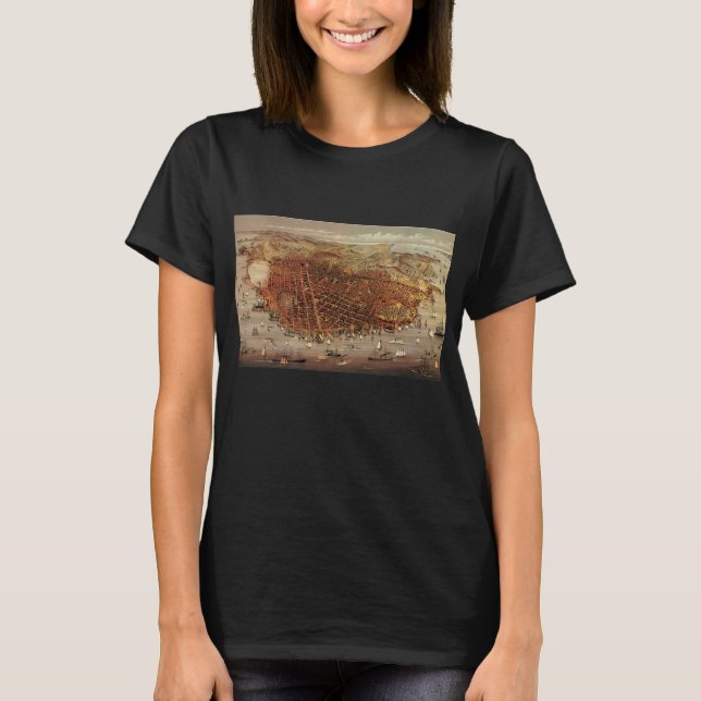 Camiseta Mapa Aéreo Antiquado de São Francisco, Califórnia (Frente)