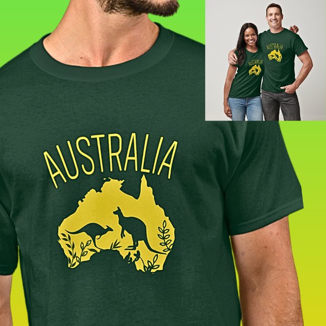 Camiseta Mapa amarelo da Austrália com cangurus em verde es (Criador carregado)