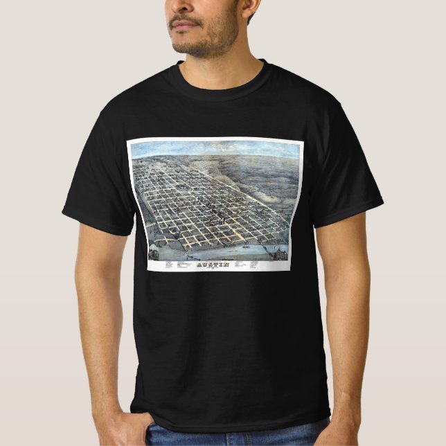 Camiseta Mapa Antigo Aéreo da Cidade de Austin, Texas de 18 (Frente)
