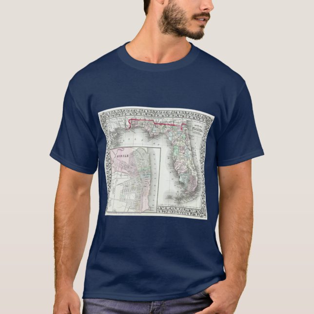 Camiseta Mapa Antigo da Flórida e Mobile AL 1874 (Frente)