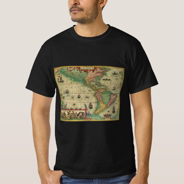Camiseta Mapa antigo das Américas por Hondius (Frente)
