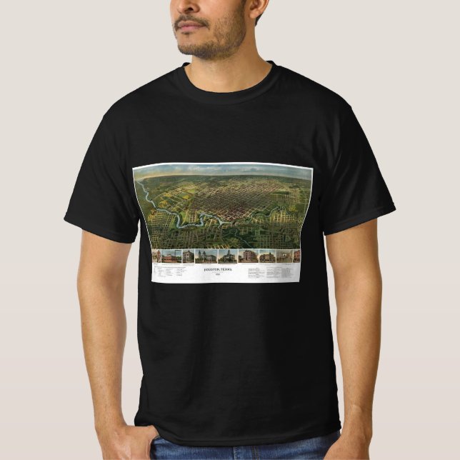 Camiseta Mapa Antigo de Houston, Texas com o Rio Buffalo (Frente)