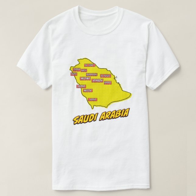 Camiseta Mapa da Arábia Saudita ilustrado com Pop Art (Frente do Design)